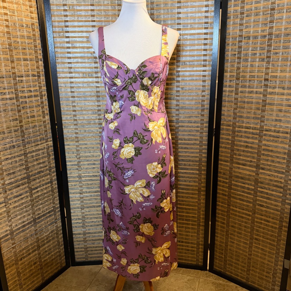 Zara Floral Bustier Midi Dress Women L Purple Yellow Satin Column 8293/588/664